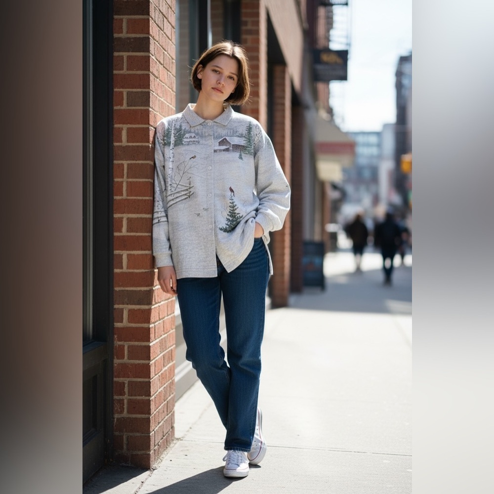 Artisans Knit Winter Scenic Cabin Button Shirt USA Vintage Large - Picture 15 of 16